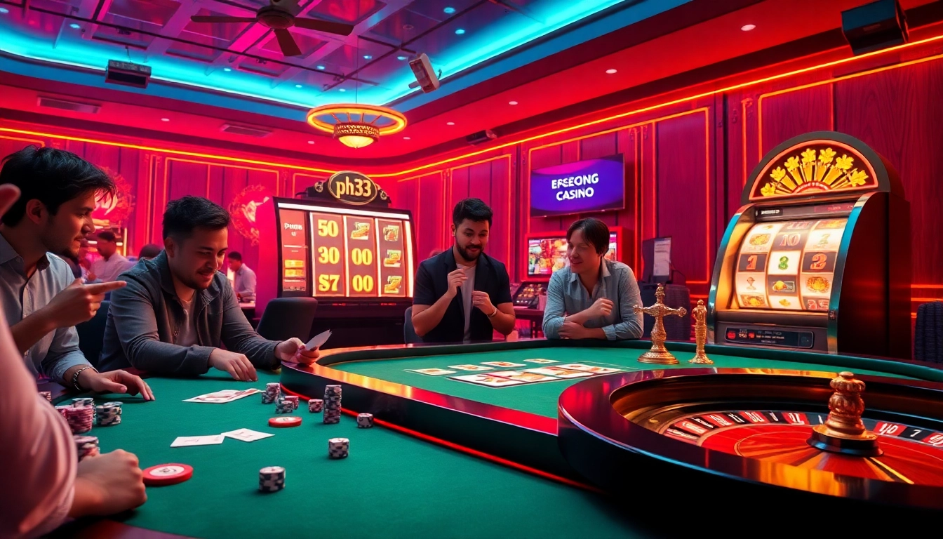 Players indulge in the excitement of 'ph33' at an online casino, vibrant slots and lively gaming atmosphere.