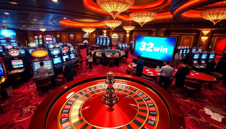 Players enjoying thrilling games at 32win's luxurious casino, featuring vibrant slot machines and poker tables.