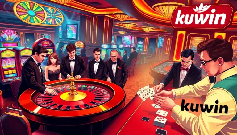 Kuwin players engaged in a thrilling roulette game at a vibrant casino.
