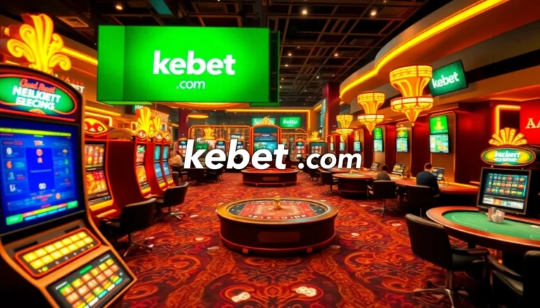 Engage in thrilling action at kebet com, featuring a bustling casino floor with vibrant slot machines and tables.