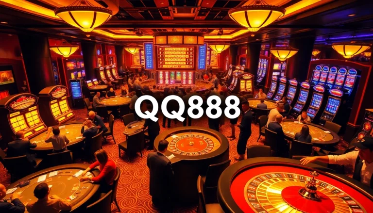Experience the thrill of qq888 gaming with players at vibrant casino tables and glowing slot machines.