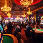 Exciting casino scene featuring nohu52 logo on poker chips and vibrant slot machines.