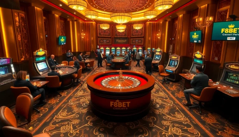 F8BET casino table scene showcasing excitement and luxury, with players engaging in roulette and card games.