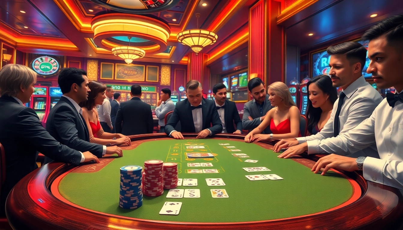 Experience the thrill of Hi88 poker with vibrant chips and intense players at an elegant casino table.