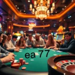 Experience the excitement of ea77 as players engage in an intense poker game amid bright casino lights.