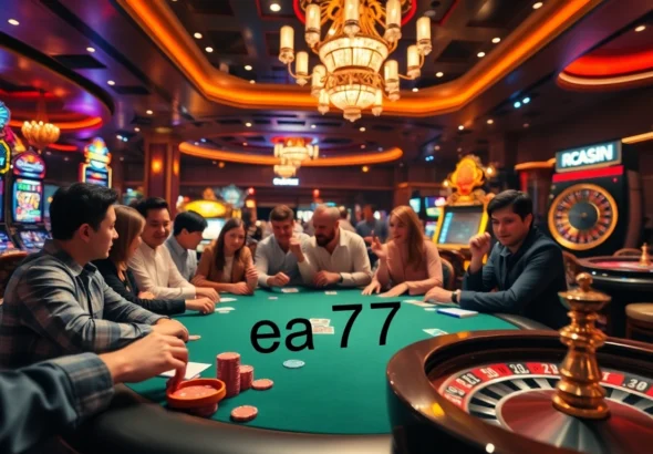 Experience the excitement of ea77 as players engage in an intense poker game amid bright casino lights.
