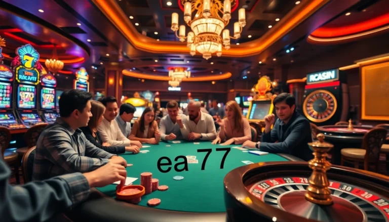 Experience the excitement of ea77 as players engage in an intense poker game amid bright casino lights.